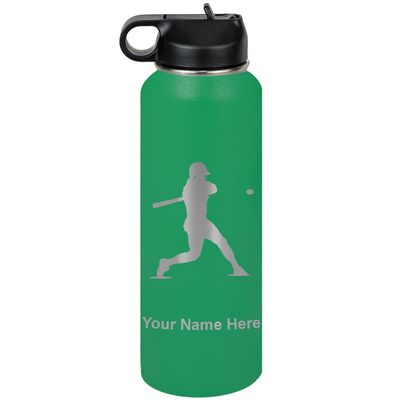 LaserGram Personalized Water Bottle, Baseball Player 3, Stainless Steel Double Wall Vacuum Insulated with Flip Top Straw, Custom Engraved Gift (40oz / 1180ml Green)