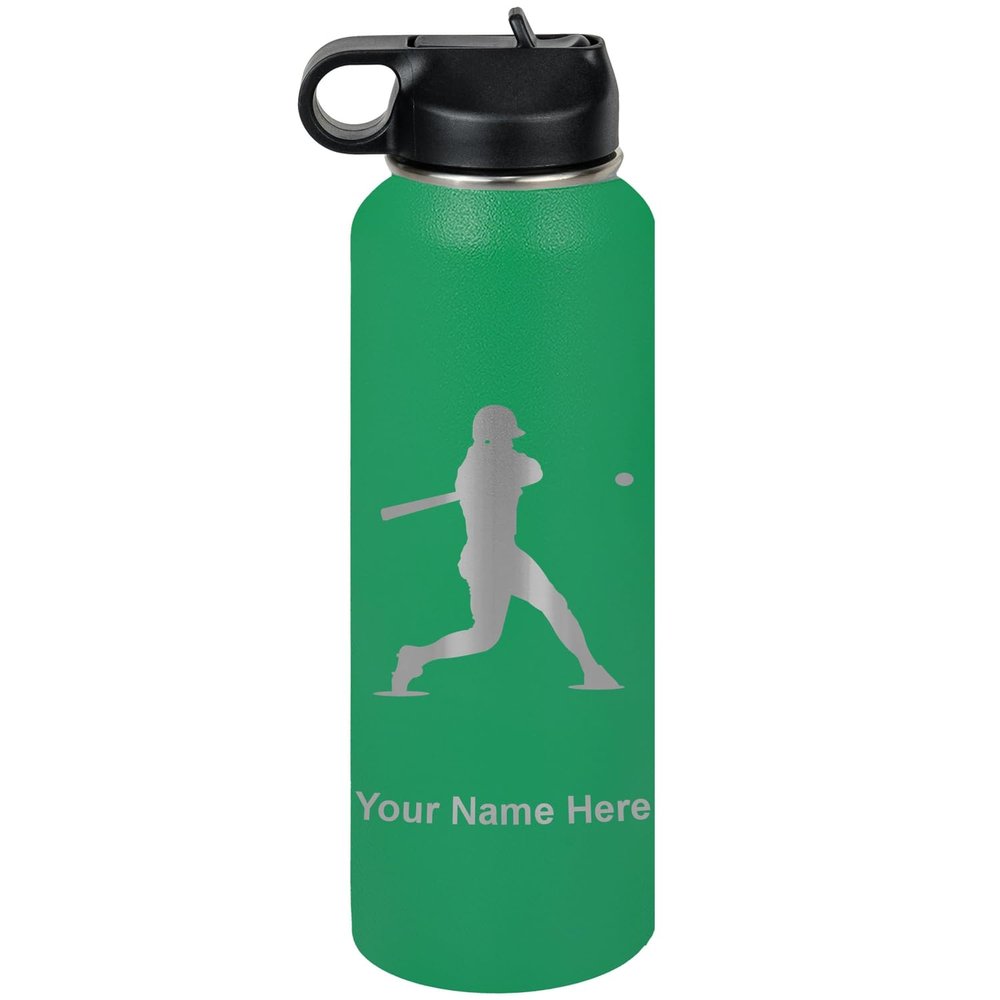 LaserGram Personalized Water Bottle, Baseball Player 3, Stainless Steel Double Wall Vacuum Insulated with Flip Top Straw, Custom Engraved Gift (40oz / 1180ml Green)