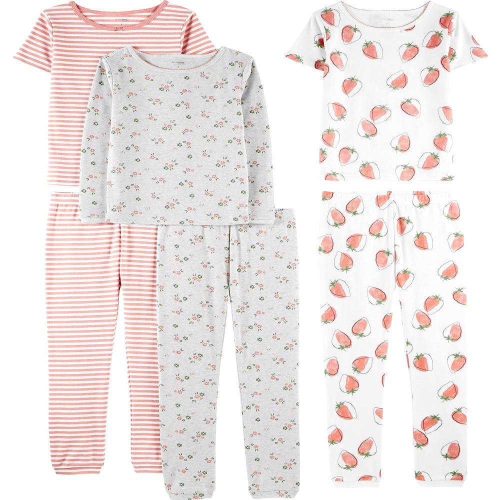 Simple Joys by Carter's Baby and Toddler Girls' 6-Piece Snug-Fit Cotton Pajamas, Pink Strawberries, 6-9 Months