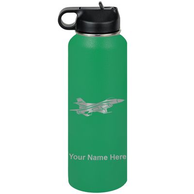 LaserGram Personalized Water Bottle, Fighter Jet 1, Stainless Steel Double Wall Vacuum Insulated with Flip Top Straw, Custom Engraved Gift (40oz / 1180ml Green)