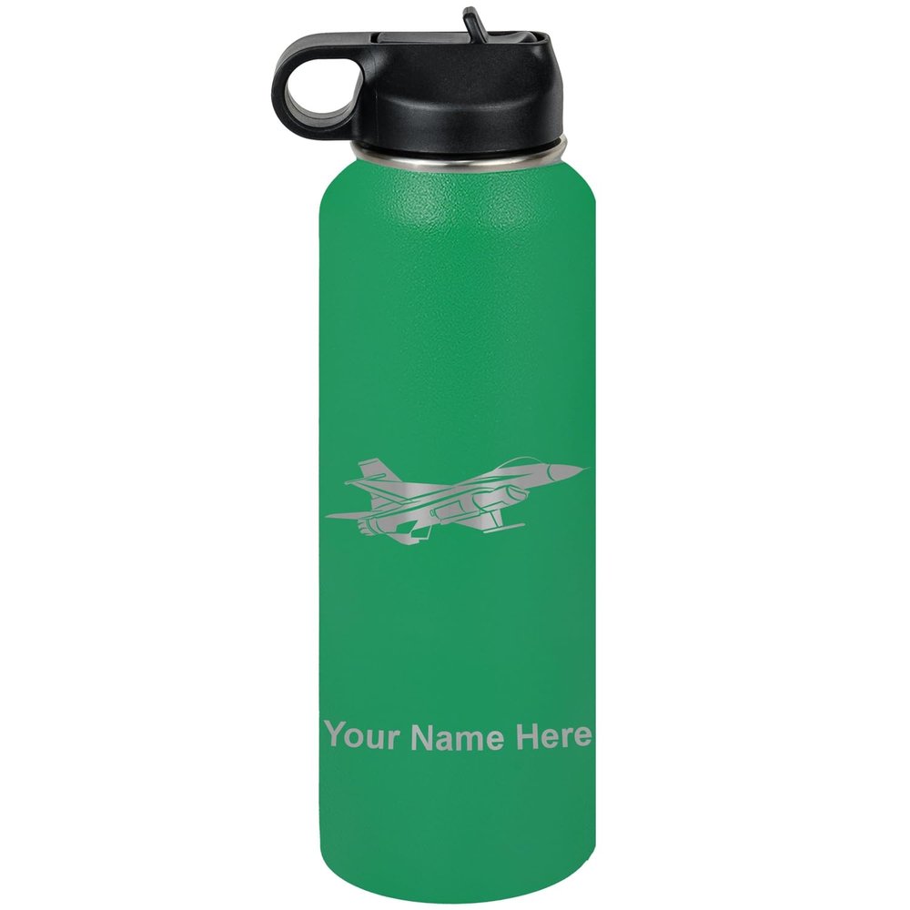 LaserGram Personalized Water Bottle, Fighter Jet 1, Stainless Steel Double Wall Vacuum Insulated with Flip Top Straw, Custom Engraved Gift (40oz / 1180ml Green)