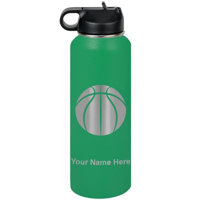 LaserGram Personalized Water Bottle, Basketball Ball, Stainless Steel Double Wall Vacuum Insulated with Flip Top Straw, Custom Engraved Gift (40oz / 1180ml Green)