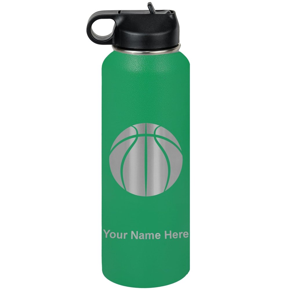 LaserGram Personalized Water Bottle, Basketball Ball, Stainless Steel Double Wall Vacuum Insulated with Flip Top Straw, Custom Engraved Gift (40oz / 1180ml Green)