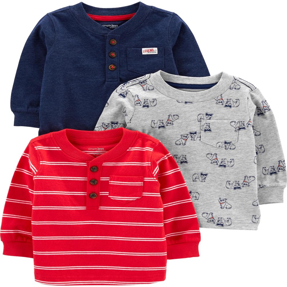 Simple Joys by Carter's Baby Boys' 3-Pack Long-Sleeve Shirts, Grey/Navy/Red Stripes, 12 Months