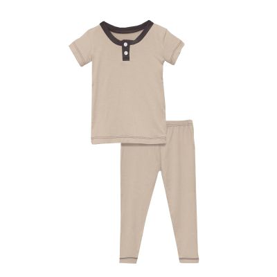 KicKee Pants Pajama Set, Short Sleeve Henley Collar Style PJs, Ultra Soft and Snug Fitting (Burlap with Midnight - 6 Years)