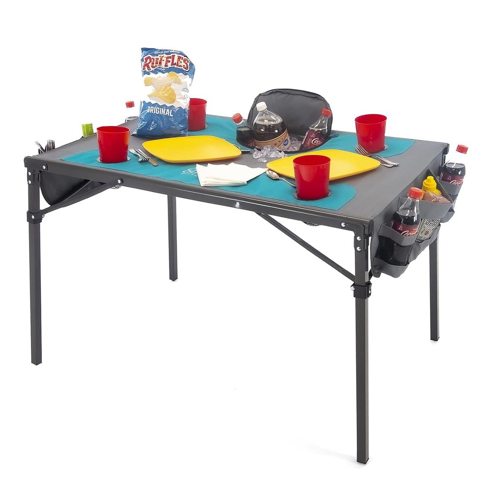 Creative Outdoors Folding Table with Built-in Cooler - Outdoor Portable Camping Table with 4 Cup Holders and Durable Steel Frame - Quality Material (Orange/Gray)