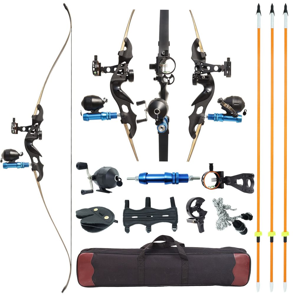 60" Bowfishing Kits with Reel Recurve Bow for Adults Aluminium Bow Riser 6Pcs Mechanical Barb Fishing Arrows 6Pcs Carbon Arrows 30lbs-60lbs Hunting Bow for Fishing Archery Practice (50 lbs)