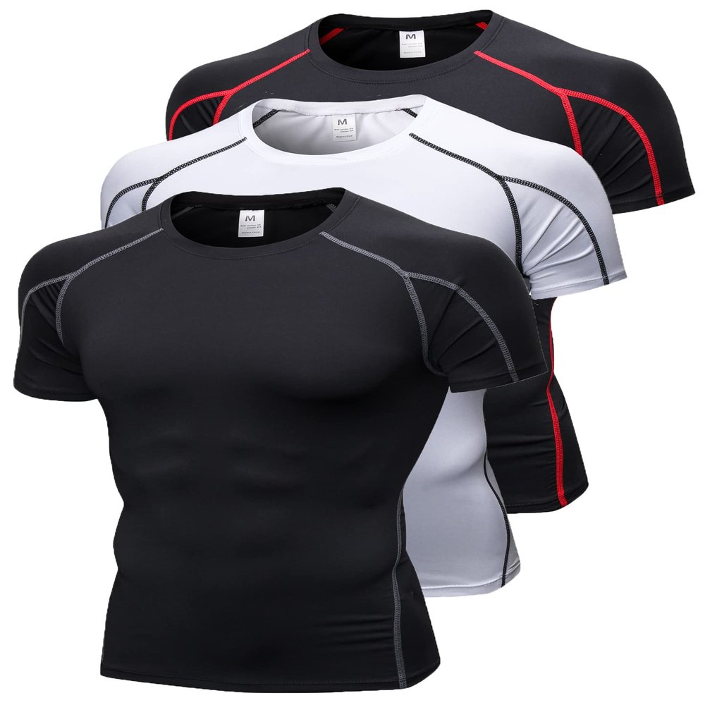 3 Pack Men's Compression Shirts Short Sleeve Workout T-Shirt Cool Dry Undershirts Baselayer Sport Cool Shirt Running Tops