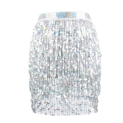 LABANCA Sequin Tassel Belt Skirt Belly Dance Skirt Hip Scarf Sparkly Rave Fringe Wrap Skirt for Women Girls, White