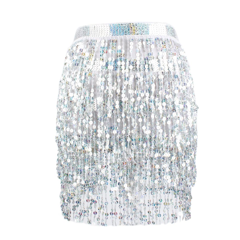 LABANCA Sequin Tassel Belt Skirt Belly Dance Skirt Hip Scarf Sparkly Rave Fringe Wrap Skirt for Women Girls, White