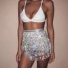 LABANCA Sequin Tassel Belt Skirt Belly Dance Skirt Hip Scarf Sparkly Rave Fringe Wrap Skirt for Women Girls, White view 4