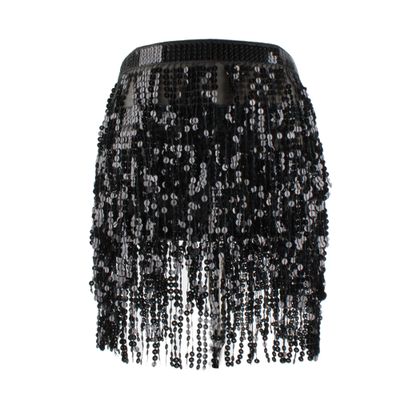 LABANCA Sequin Tassel Belt Skirt Belly Dance Skirt Hip Scarf Sparkly Rave Fringe Wrap Skirt for Women Girls, Black