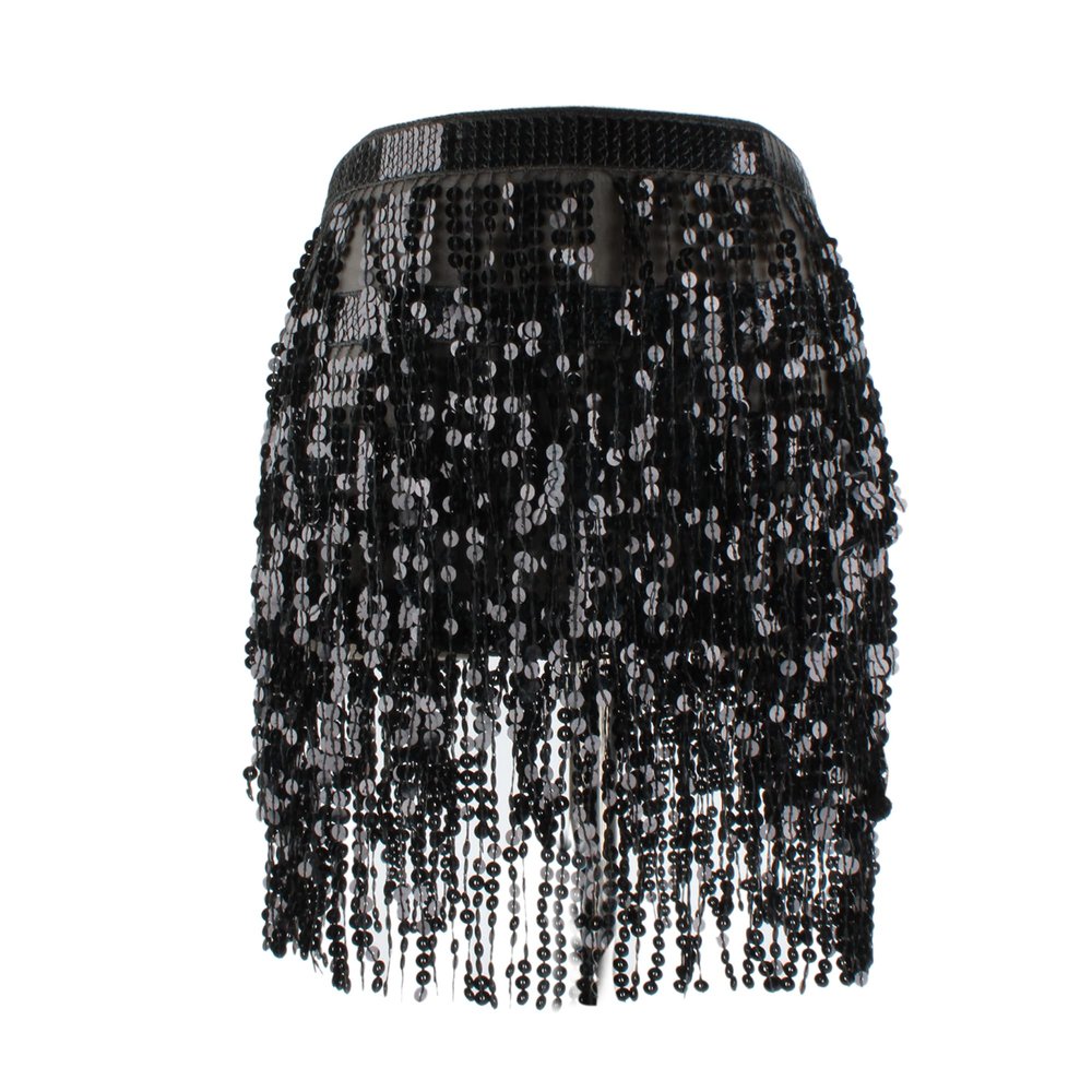 LABANCA Sequin Tassel Belt Skirt Belly Dance Skirt Hip Scarf Sparkly Rave Fringe Wrap Skirt for Women Girls, Black