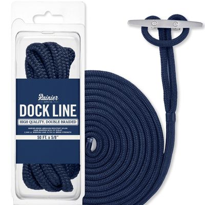 RainierSupplyCo Dock Lines - Boat Rope for Docking with Loop - 50 ft x 5/8 Inch Premium Double Braided Nylon Marine Rope - Mooring Line with 18" Eyelet - Boat Accessories - Navy Blue