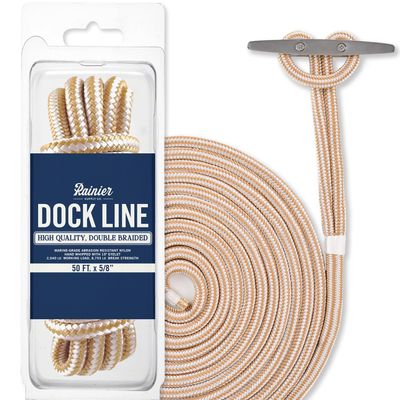 RainierSupplyCo Dock Lines - Boat Rope for Docking with Loop - 50 ft x 5/8 Inch Premium Double Braided Nylon Marine Rope - Mooring Line with 18" Eyelet - Boat Accessories - White Gold