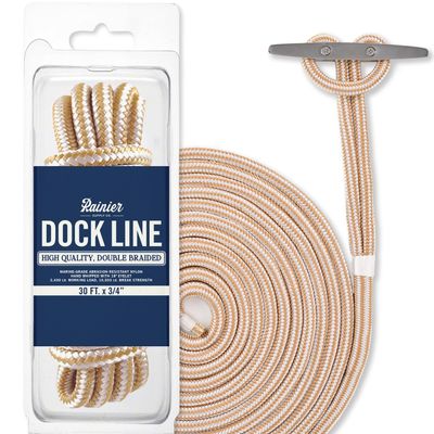 RainierSupplyCo Dock Lines - Boat Rope for Docking with Loop - 30 ft x 3/4 Inch Premium Double Braided Nylon Marine Rope - Mooring Line with 18" Eyelet - Boat Accessories - White Gold