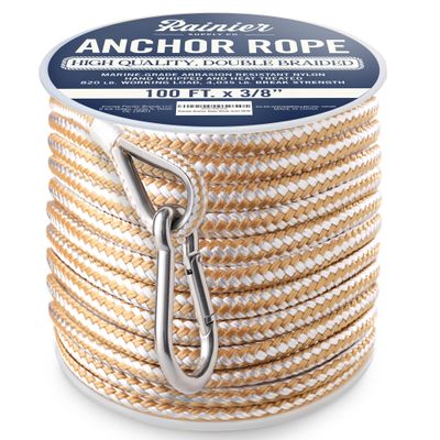 RainierSupplyCo Boat Anchor Rope - Double Braided Marine Rope Anchor Line - 100 ft x 3/8 Inch Nylon Boating Line with 316 Stainless Steel Thimble and Heavy Duty Marine Grade Bow Shackle - White/Gold