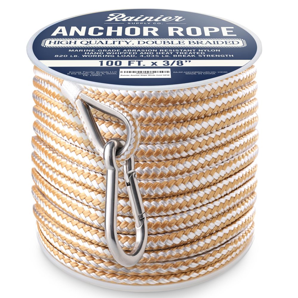 RainierSupplyCo Boat Anchor Rope - Double Braided Marine Rope Anchor Line - 100 ft x 3/8 Inch Nylon Boating Line with 316 Stainless Steel Thimble and Heavy Duty Marine Grade Bow Shackle - White/Gold