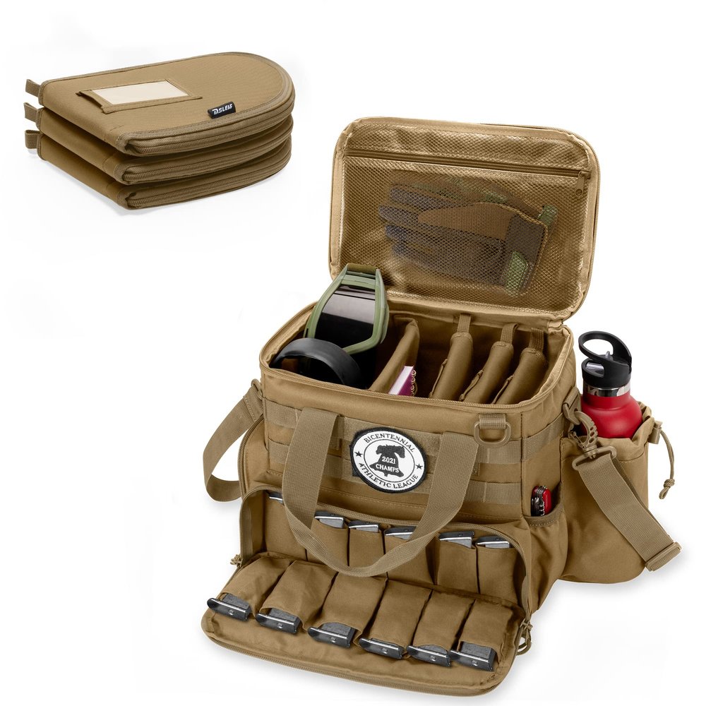 DSLEAF Tactical Gun Range Bag with 3 Pistol Cases, Gun Duffle Range Bag with 12X Magazine Slots and Extra Pockets for Shooting and Hunting