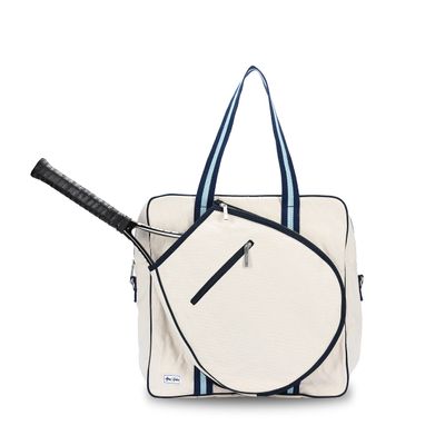 Ame & Lulu New Hamptons Tennis Tour Bag - Removable Adjustable Straps - Exterior Pocket Fits Two Racquets - Two Tone Blue