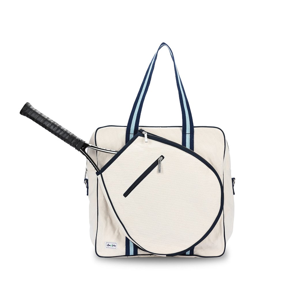 Ame & Lulu New Hamptons Tennis Tour Bag - Removable Adjustable Straps - Exterior Pocket Fits Two Racquets - Two Tone Blue
