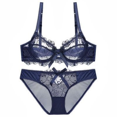 Sencylife Sheer Lace See Through Bras for Women Sexy Transparent Unlined Underwire Bra and Panty Set Blue 36B