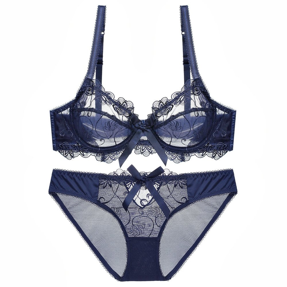 Sencylife Sheer Lace See Through Bras for Women Sexy Transparent Unlined Underwire Bra and Panty Set Blue 36B
