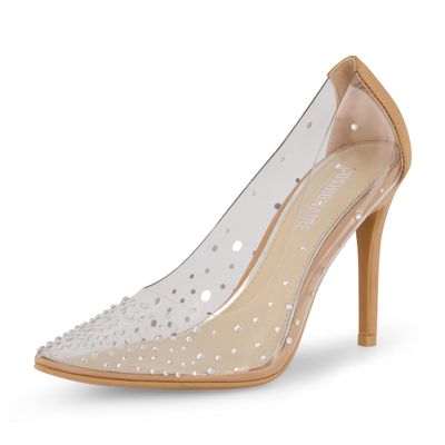 CUSHIONAIRE Women's Glam Clear Rhinestone Dress Pump +Memory Foam, Wide Widths Available, Clear/NAT 8.5