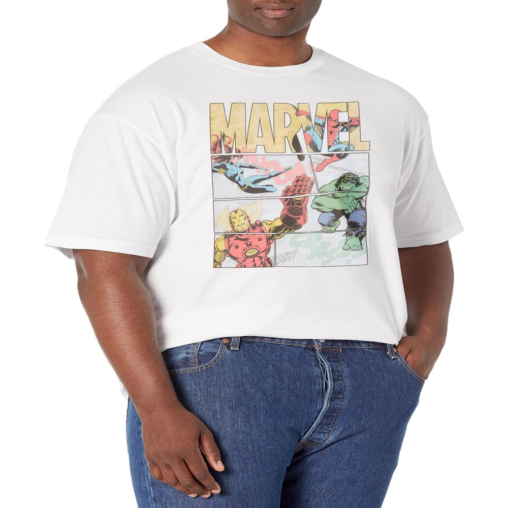 Marvel Big & Tall Classic Hero Panels Color Men's Tops Short Sleeve Tee Shirt, White, XX-Large