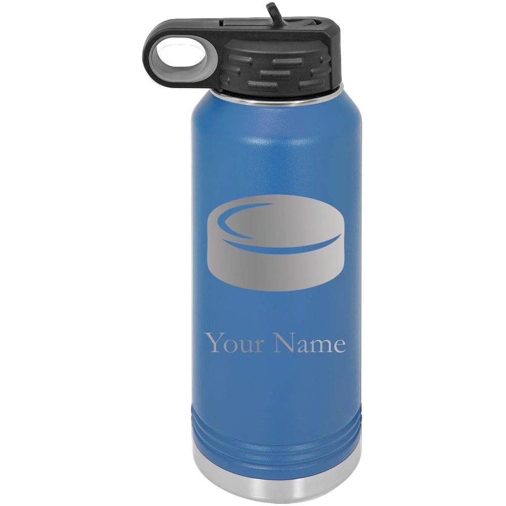 Hockey Puck Personalized Custom Engraved Double Wall Vacuum Hot/Cold Drinks Insulated Stainless 40-Ounce Steel Boys/Girls Sports Team Water Bottle with Flip Top Lid, Straw