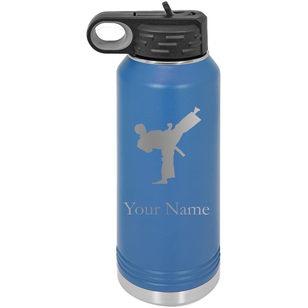 Karate Taekwondo Personalized Custom Engraved Double Wall Vacuum Hot/Cold Drinks Insulated Stainless 40-Ounce Steel Boys/Girls Sports Team Water Bottle with Flip Top Lid, Straw