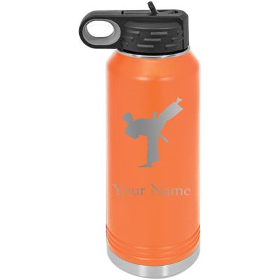 Karate Taekwondo Personalized Custom Engraved Double Wall Vacuum Hot/Cold Drinks Insulated Stainless 32-Ounce Steel Boys/Girls Sports Team Water Bottle with Flip Top Lid, Straw