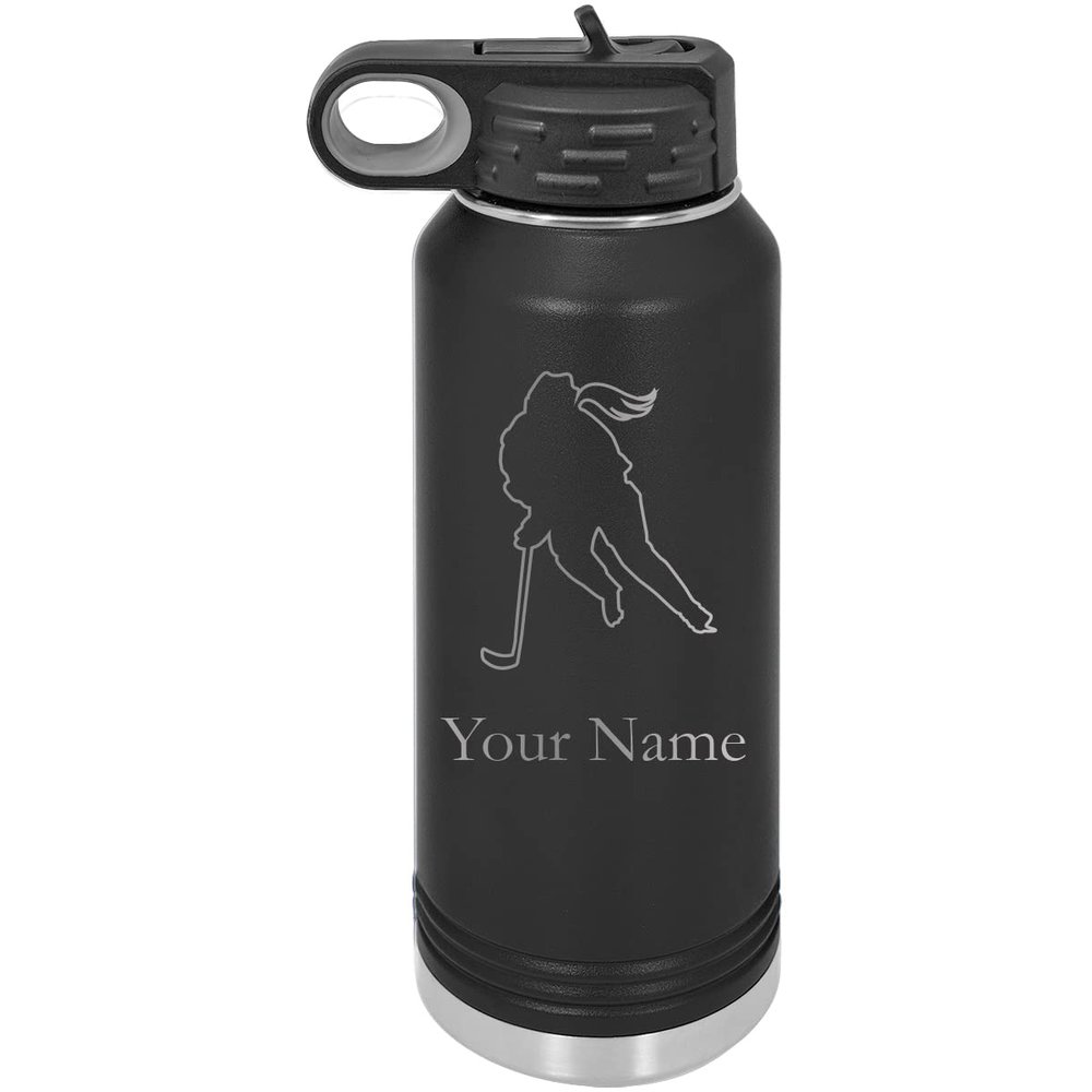 Girl Hockey Player High School Personalized Custom Outline Engraved Double Wall Vacuum Hot/Cold Drinks Insulated Stainless 40-Ounce Steel Boys/Girls Sports Team Water Bottle with Flip Top Lid, Straw