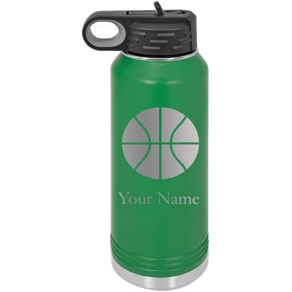 Add Name Basketball Personalized Custom Engraved Double Wall Vacuum Hot/Cold Drinks Insulated Stainless 40-Ounce Steel Boys/Girls Sports Team Water Bottle with Flip Top Lid, Straw