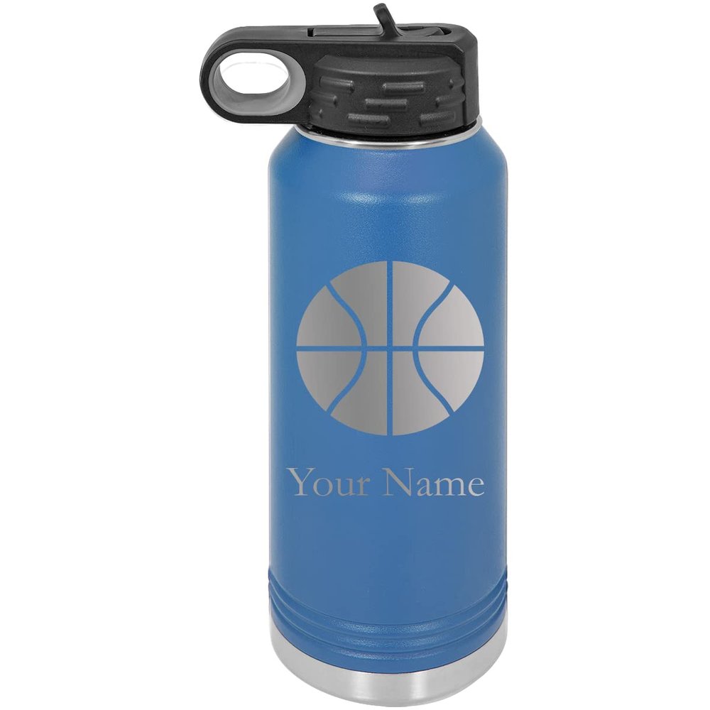 Add Name Basketball Personalized Custom Engraved Double Wall Vacuum Hot/Cold Drinks Insulated Stainless 32-Ounce Steel Boys/Girls Sports Team Water Bottle with Flip Top Lid, Straw