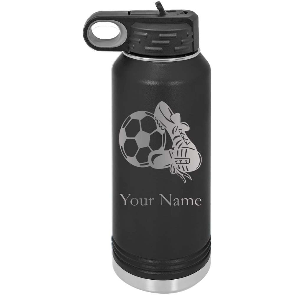 CustomGiftsNow Soccer Team Player Personalized Custom Engraved Double Wall Vacuum Hot/Cold Drinks Insulated Stainless 32-Ounce Steel Boys/Girls Sports Team Water Bottle with Flip Top Lid, Straw