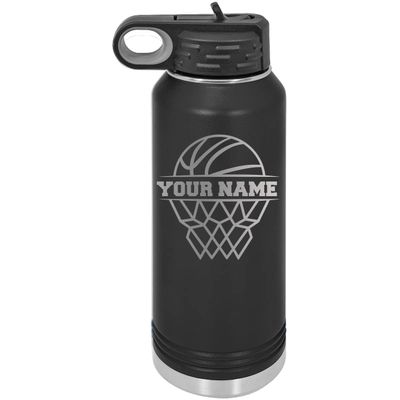 Basketball - Add Name or Team Personalized Custom Engraved Double Wall Vacuum Hot/Cold Drinks Insulated Stainless 32-Ounce Steel Boys/Girls Sports Team Water Bottle with Flip Top Lid, Straw