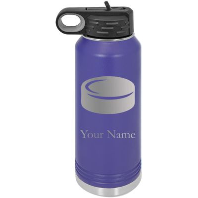 Hockey Puck Personalized Custom Engraved Double Wall Vacuum Hot/Cold Drinks Insulated Stainless 40-Ounce Steel Boys/Girls Sports Team Water Bottle with Flip Top Lid, Straw