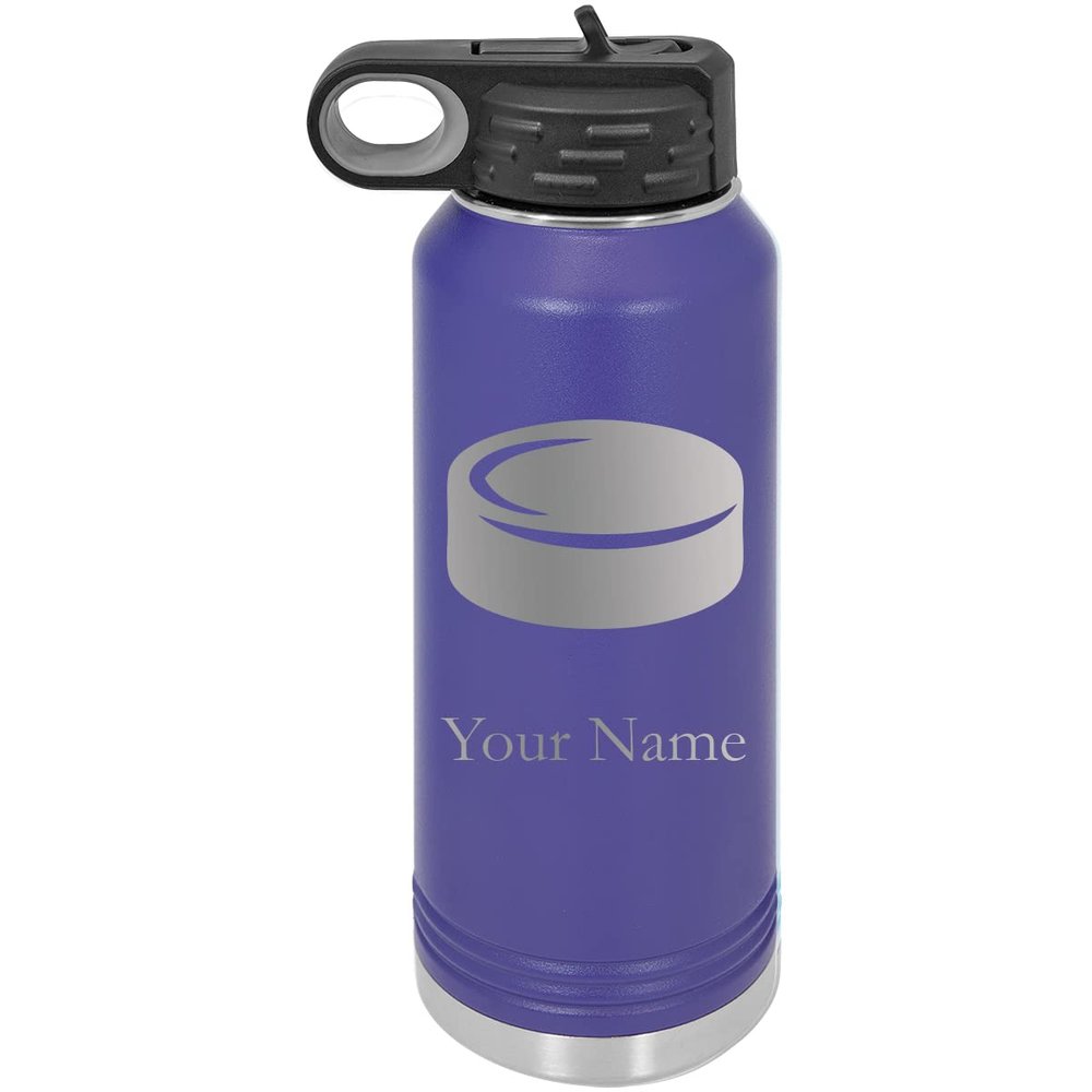 Hockey Puck Personalized Custom Engraved Double Wall Vacuum Hot/Cold Drinks Insulated Stainless 40-Ounce Steel Boys/Girls Sports Team Water Bottle with Flip Top Lid, Straw