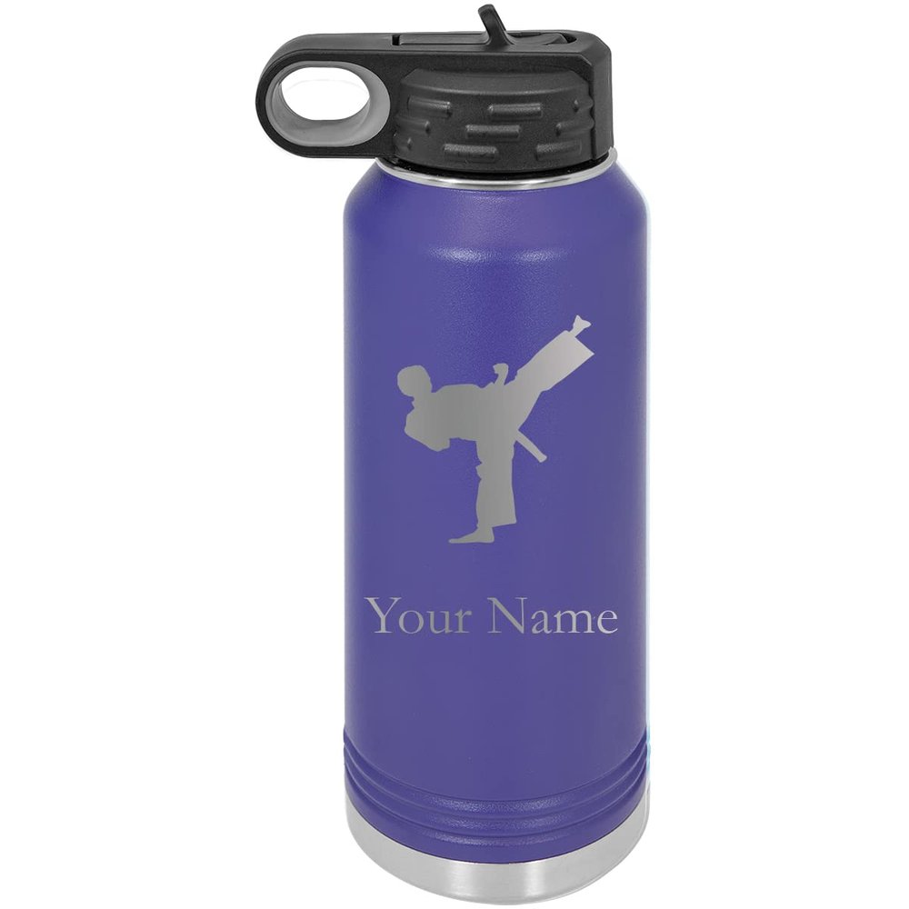 Karate Taekwondo Personalized Custom Engraved Double Wall Vacuum Hot/Cold Drinks Insulated Stainless 20-Ounce Steel Boys/Girls Sports Team Water Bottle with Flip Top Lid, Straw