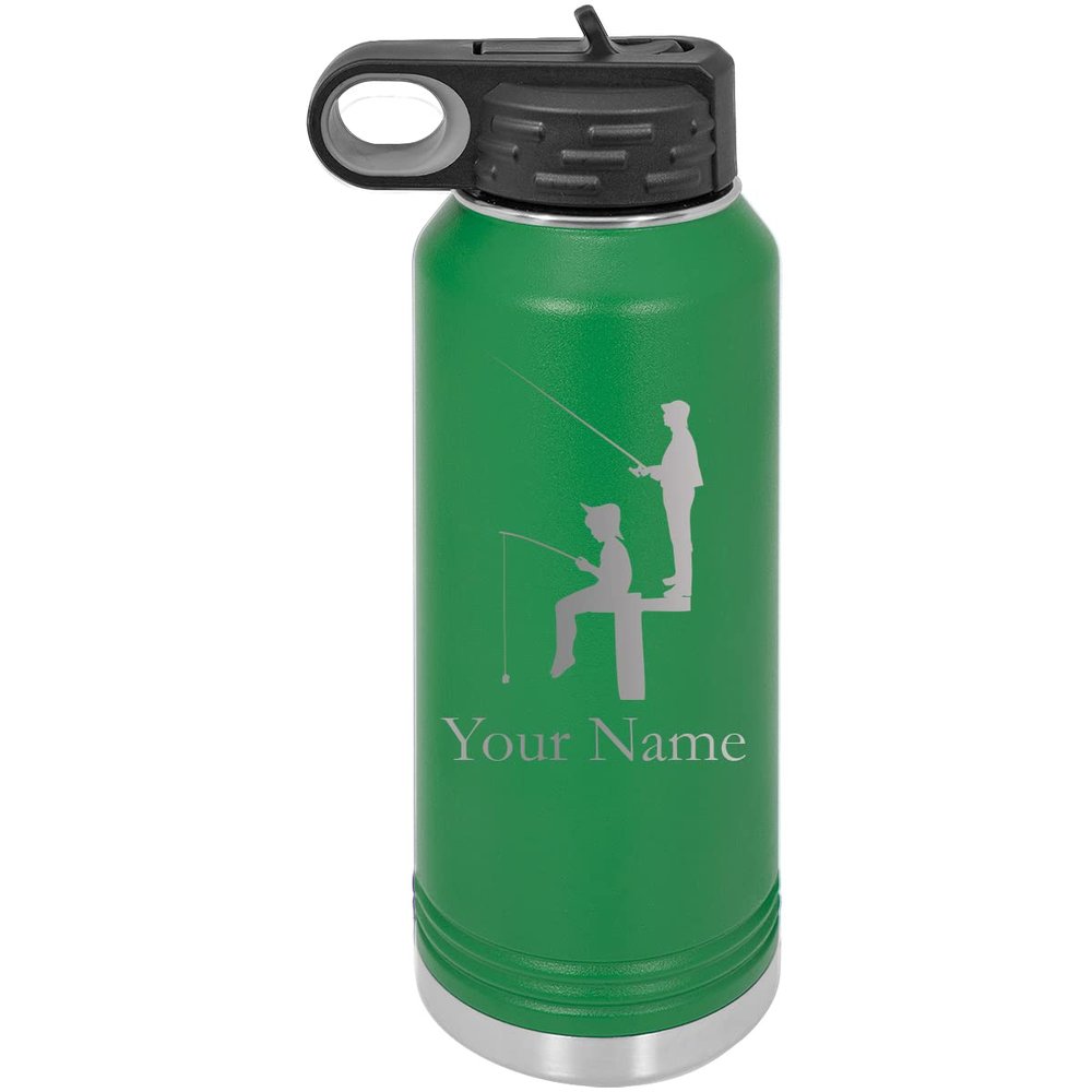 Fishing with Grandson Personalized Custom Engraved Double Wall Vacuum Hot/Cold Drinks Insulated Stainless 32-Ounce Steel Boys/Girls Sports Team Water Bottle with Flip Top Lid, Straw