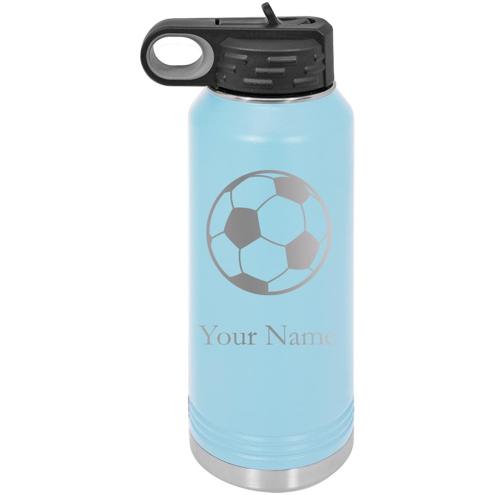 Soccer Personalized Custom Engraved Double Wall Vacuum Hot/Cold Drinks Insulated Stainless 40-Ounce Steel Boys/Girls Sports Team Water Bottle with Flip Top Lid, Straw