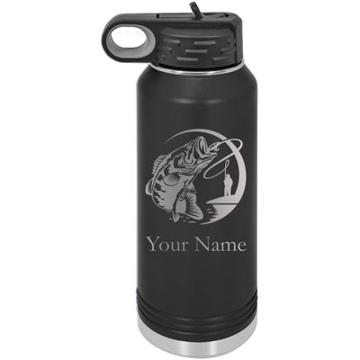 Bass Fishing Jumping Fish Personalized Custom Engraved Double Wall Vacuum Hot/Cold Drinks Insulated Stainless 32-Ounce Steel Boys/Girls Sports Team Water Bottle with Flip Top Lid, Straw