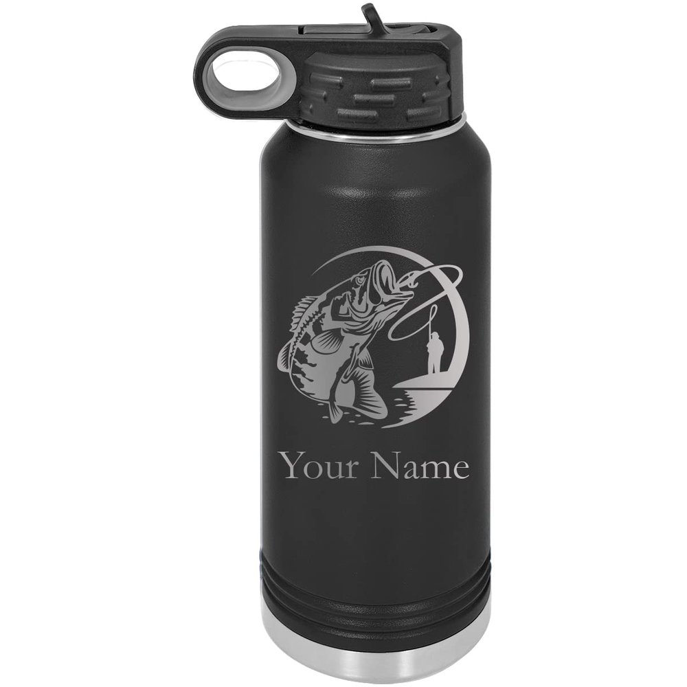 Bass Fishing Jumping Fish Personalized Custom Engraved Double Wall Vacuum Hot/Cold Drinks Insulated Stainless 32-Ounce Steel Boys/Girls Sports Team Water Bottle with Flip Top Lid, Straw