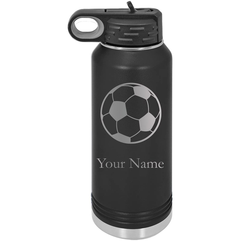 CustomGiftsNow Soccer Personalized Custom Engraved Double Wall Vacuum Hot/Cold Drinks Insulated Stainless 32-Ounce Steel Boys/Girls Sports Team Water Bottle with Flip Top Lid, Straw