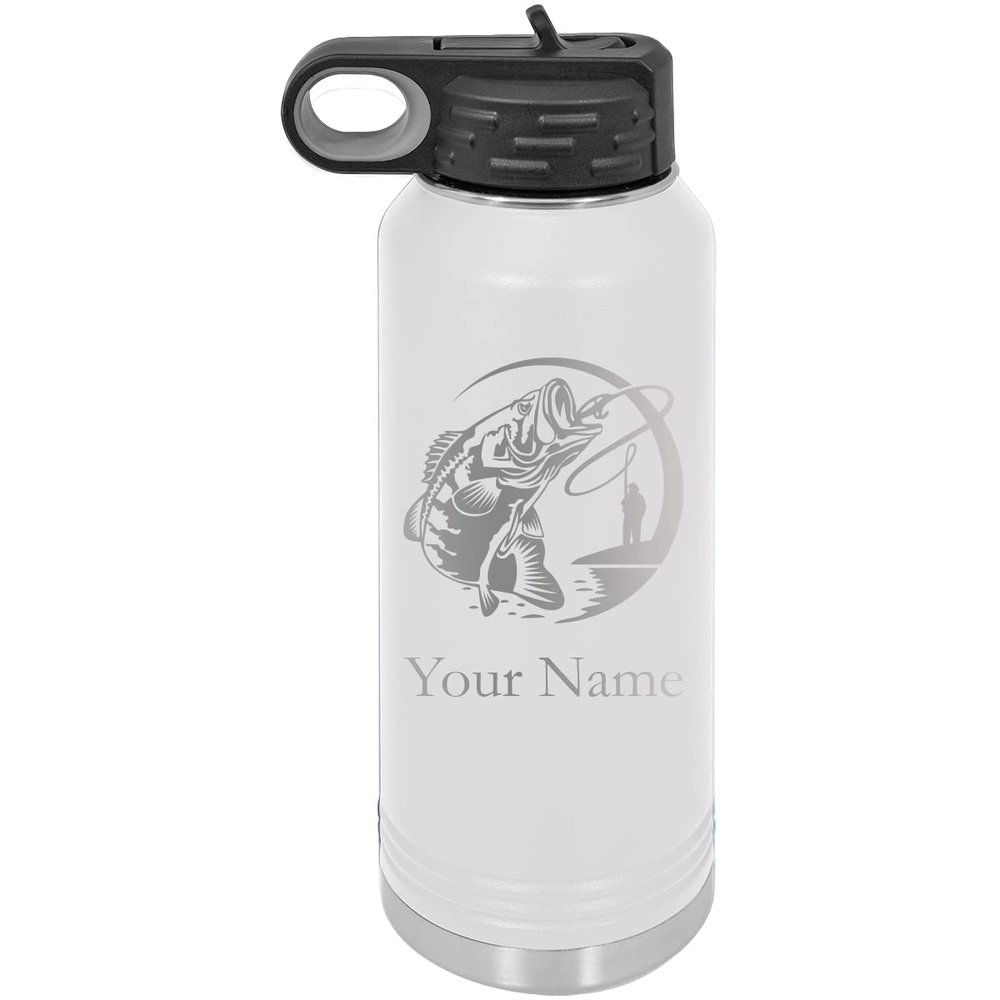 Bass Fishing Jumping Fish Personalized Custom Engraved Double Wall Vacuum Hot/Cold Drinks Insulated Stainless 20-Ounce Steel Boys/Girls Sports Team Water Bottle with Flip Top Lid, Straw