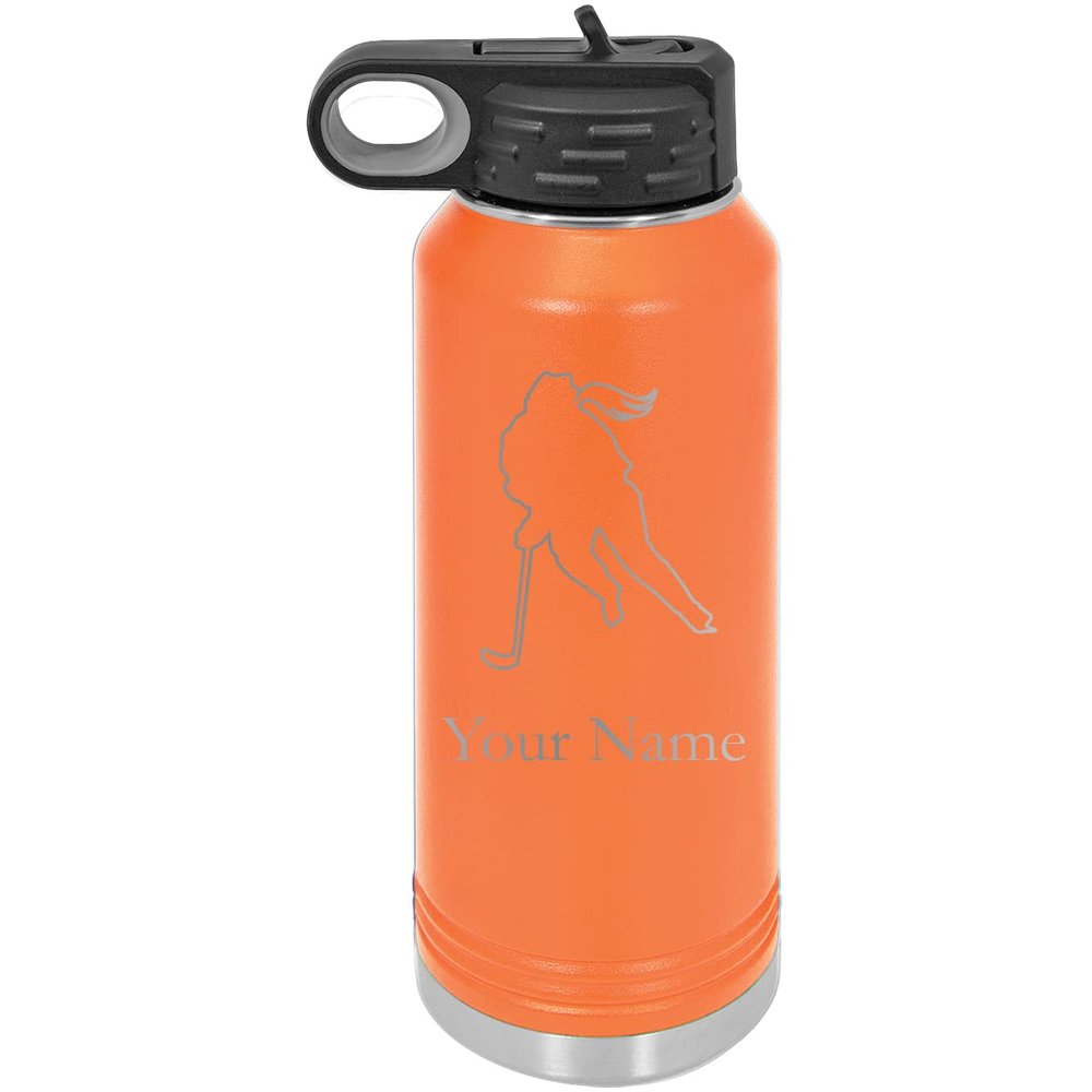 Girl Hockey Player High School Personalized Custom Outline Engraved Double Wall Vacuum Hot/Cold Drinks Insulated Stainless 32-Ounce Steel Boys/Girls Sports Team Water Bottle with Flip Top Lid, Straw