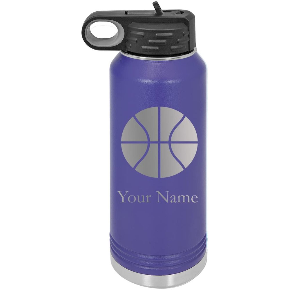 Add Name Basketball Personalized Custom Engraved Double Wall Vacuum Hot/Cold Drinks Insulated Stainless 32-Ounce Steel Boys/Girls Sports Team Water Bottle with Flip Top Lid, Straw
