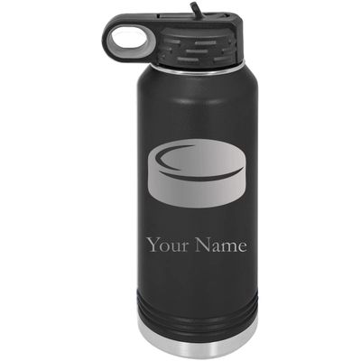 Hockey Puck Personalized Custom Engraved Double Wall Vacuum Hot/Cold Drinks Insulated Stainless 40-Ounce Steel Boys/Girls Sports Team Water Bottle with Flip Top Lid, Straw