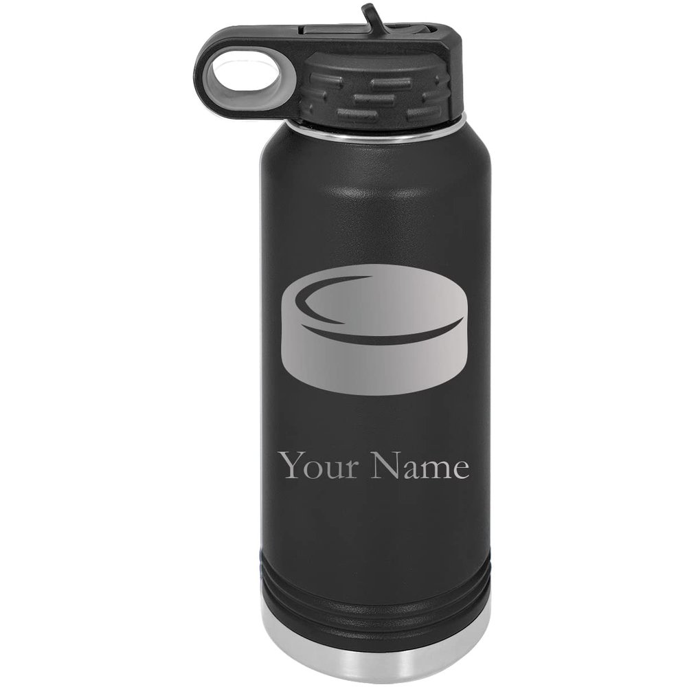 Hockey Puck Personalized Custom Engraved Double Wall Vacuum Hot/Cold Drinks Insulated Stainless 40-Ounce Steel Boys/Girls Sports Team Water Bottle with Flip Top Lid, Straw
